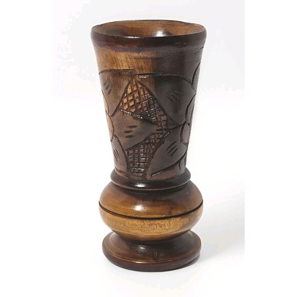 Vintage Boho Tiki Style Hand-Carved Wooden Floral Vase  9” Rustic Folk Art Decor - Picture 3 of 10